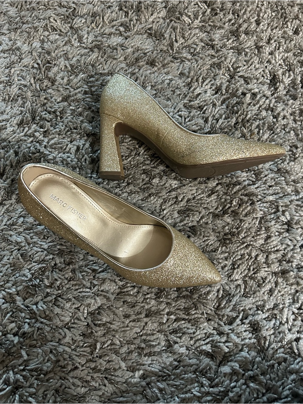 Marc Fisher Glitter Gold Pointed Block-Heel Pumps